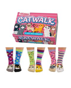 Einzelne Socken im 6er Pack, CATWALK Bunte Katzen, Gr. 37-42, mit Geschenkbox