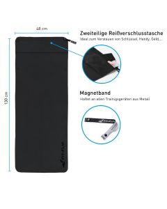 Fitnesshandtuch Mikrofaser mit Reissverschlusstasche 130x48cm Schwarz