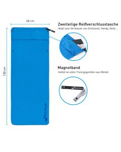 Fitnesshandtuch Mikrofaser mit Reissverschlusstasche 130x48cm Blau