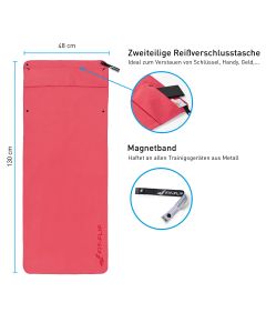 Fitnesshandtuch Mikrofaser mit Reissverschlusstasche 130x48cm Koralle