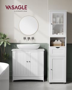 Badezimmerschrank schmal Glastür wolkenweiss Holz