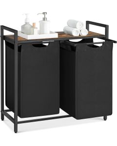 Wäschekorb mit 2 Fächern Ablage, tintenschwarz-vintagebraun
