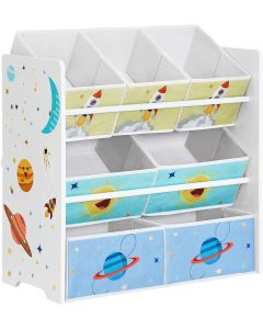 Kinderzimmerregal Weltall mit 7 Aufbewahrungsboxen Weiss