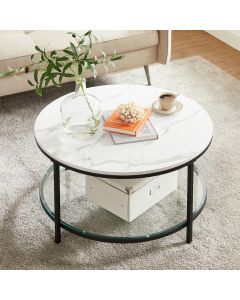 Couchtisch mit Glasplatte viel Stauraum marmorweiss