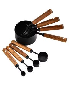 8 Teiliges Edelstahl Messbecher und Messlöffel mit Holzgriff Set Schwarz