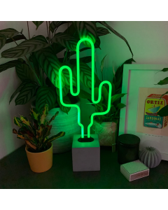 Glas Neon Tischlampe mit Betonsockel - Kaktus