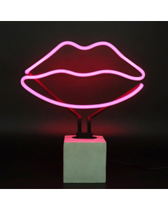 Glas Neon Tischlampe mit Betonsockel - Lippen