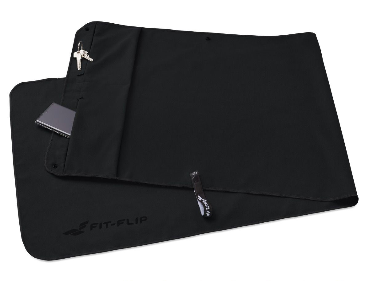 Fitnesshandtuch Mikrofaser mit Reissverschlusstasche 130x48cm Schwarz