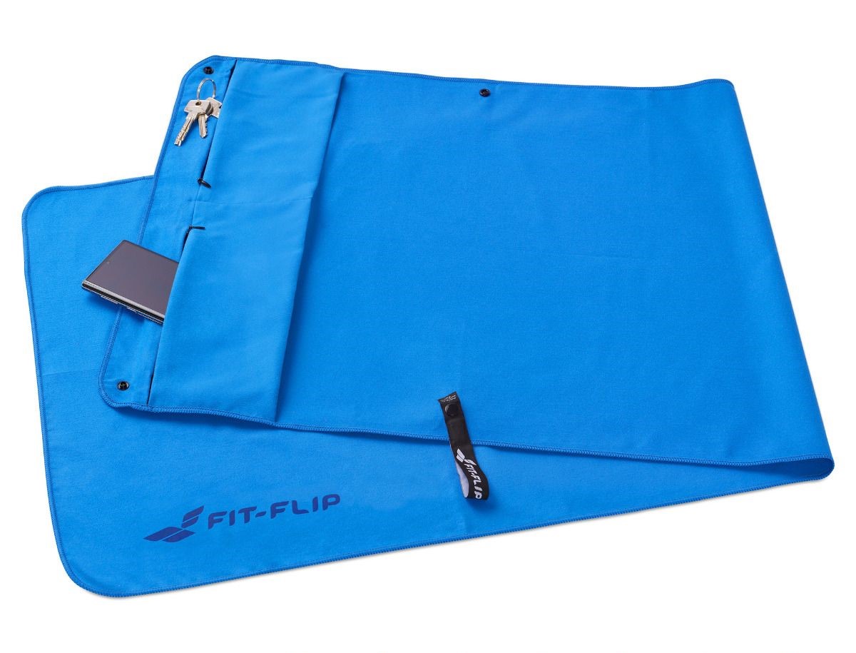 Fitnesshandtuch Mikrofaser mit Reissverschlusstasche 130x48cm Blau