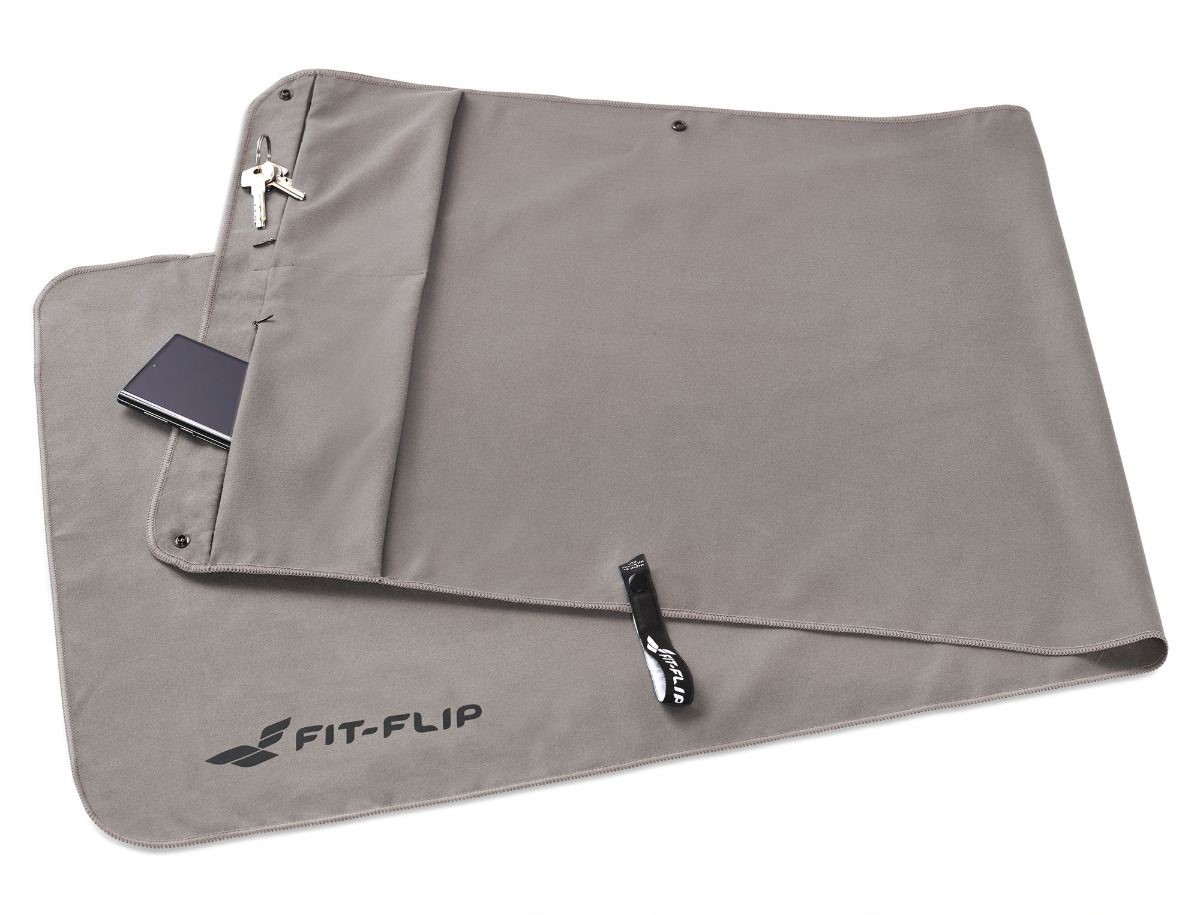 Fitnesshandtuch Mikrofaser mit Reissverschlusstasche 130x48cm Grau