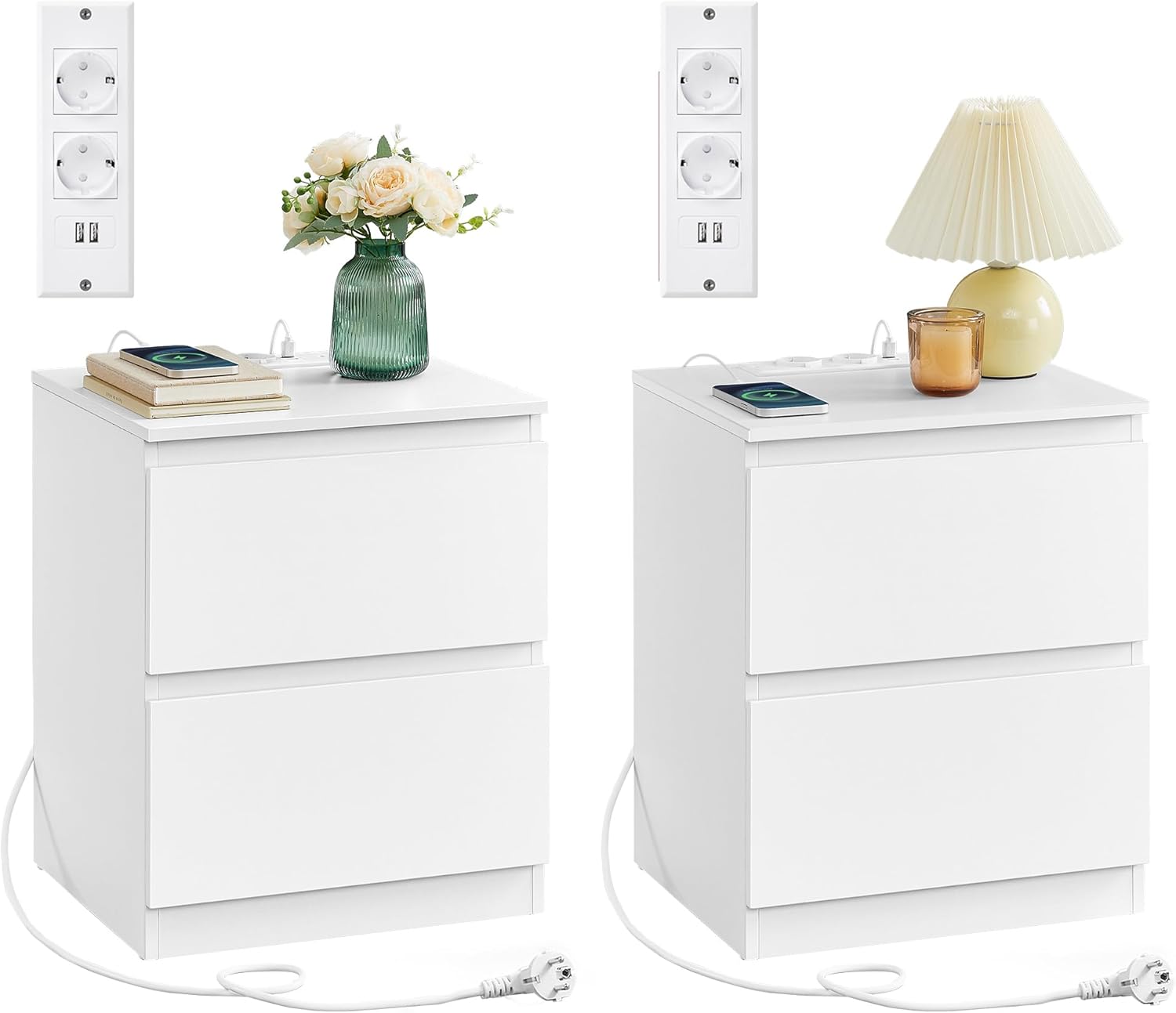 Nachttisch mit Steckdosen 2 Stück weiss Holz