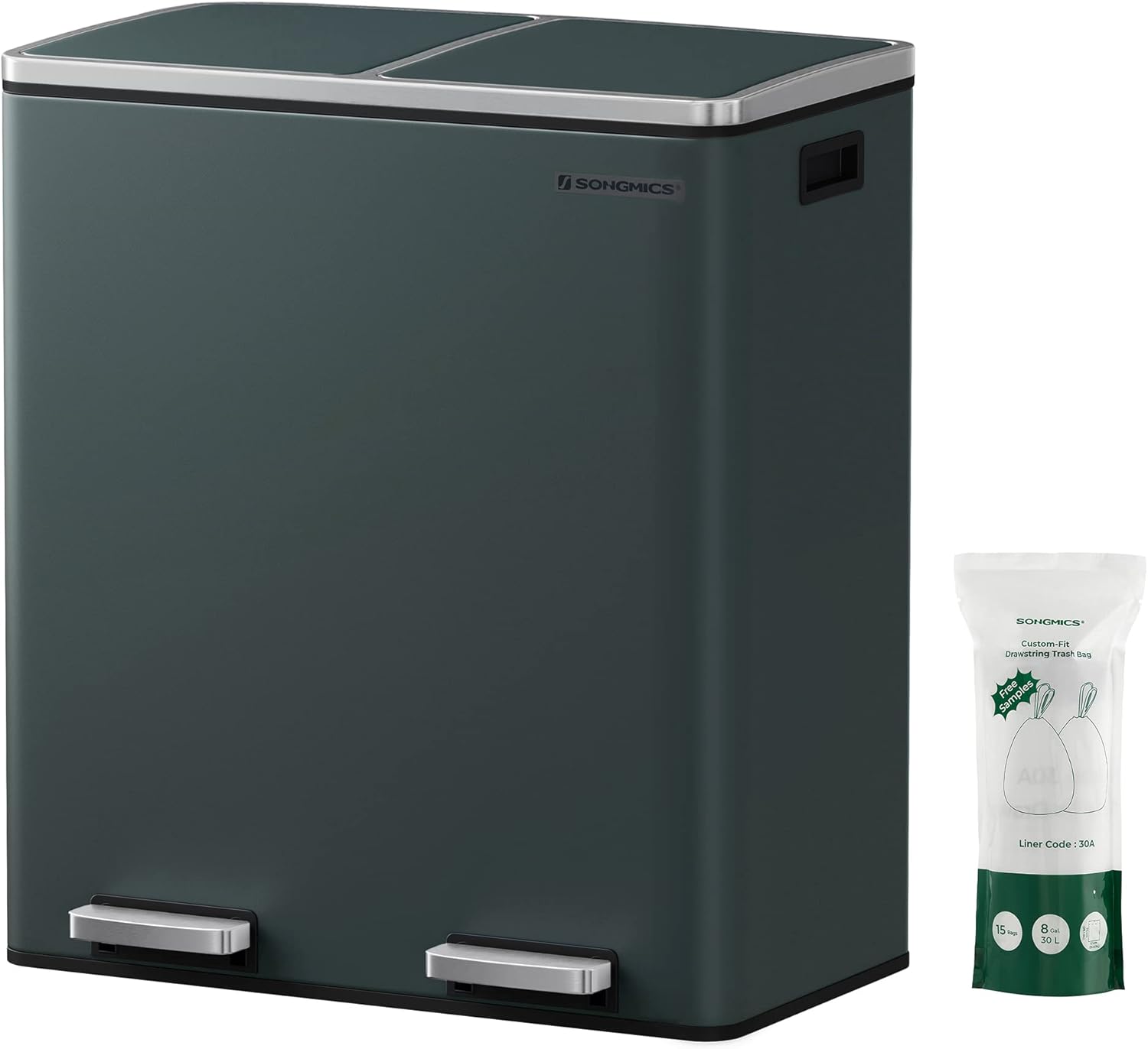 Treteimer 60L Mülltrennsystem grüngrau Metall