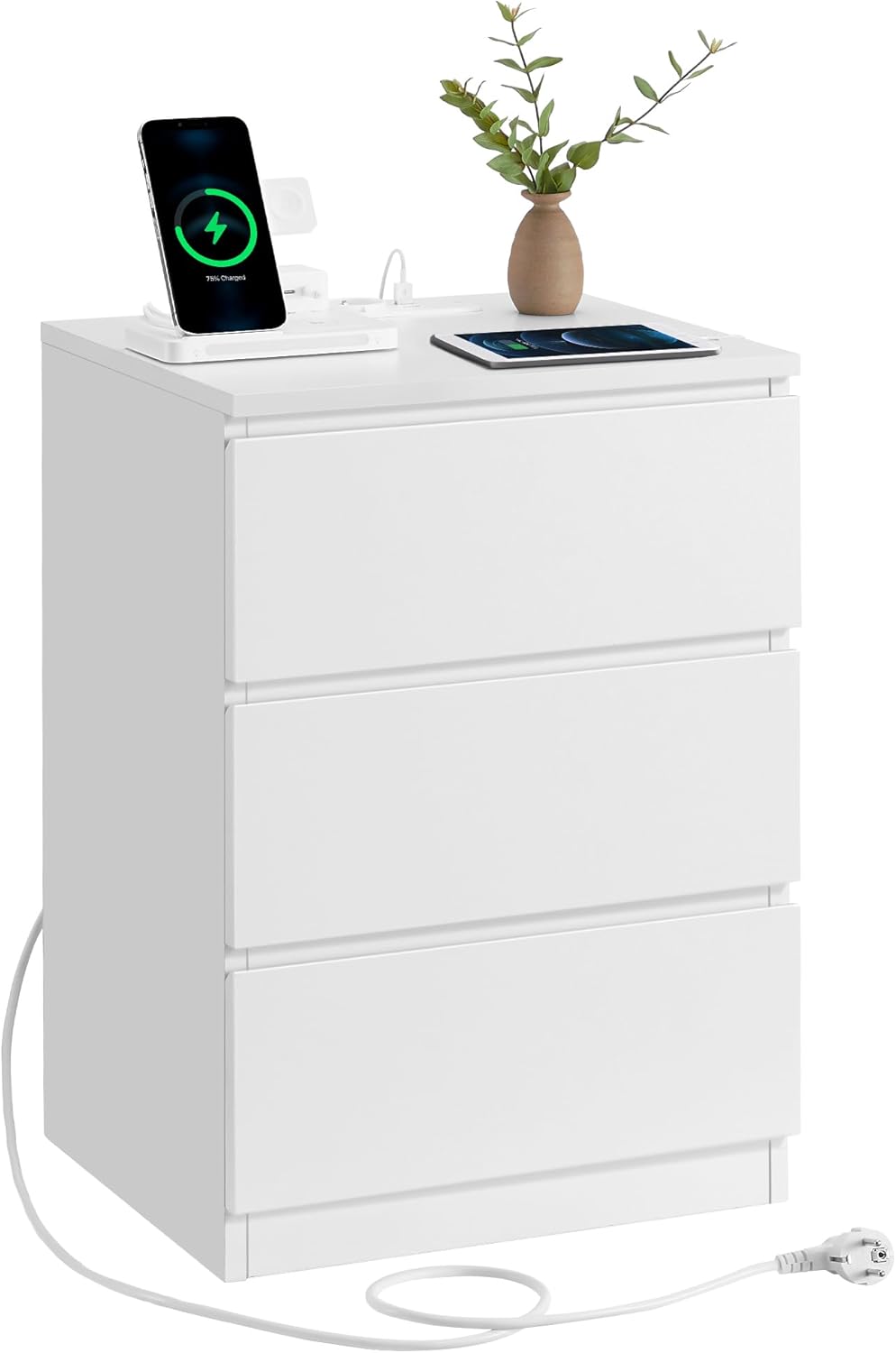 Nachttisch mit Steckdosenleiste, wolkenweiss