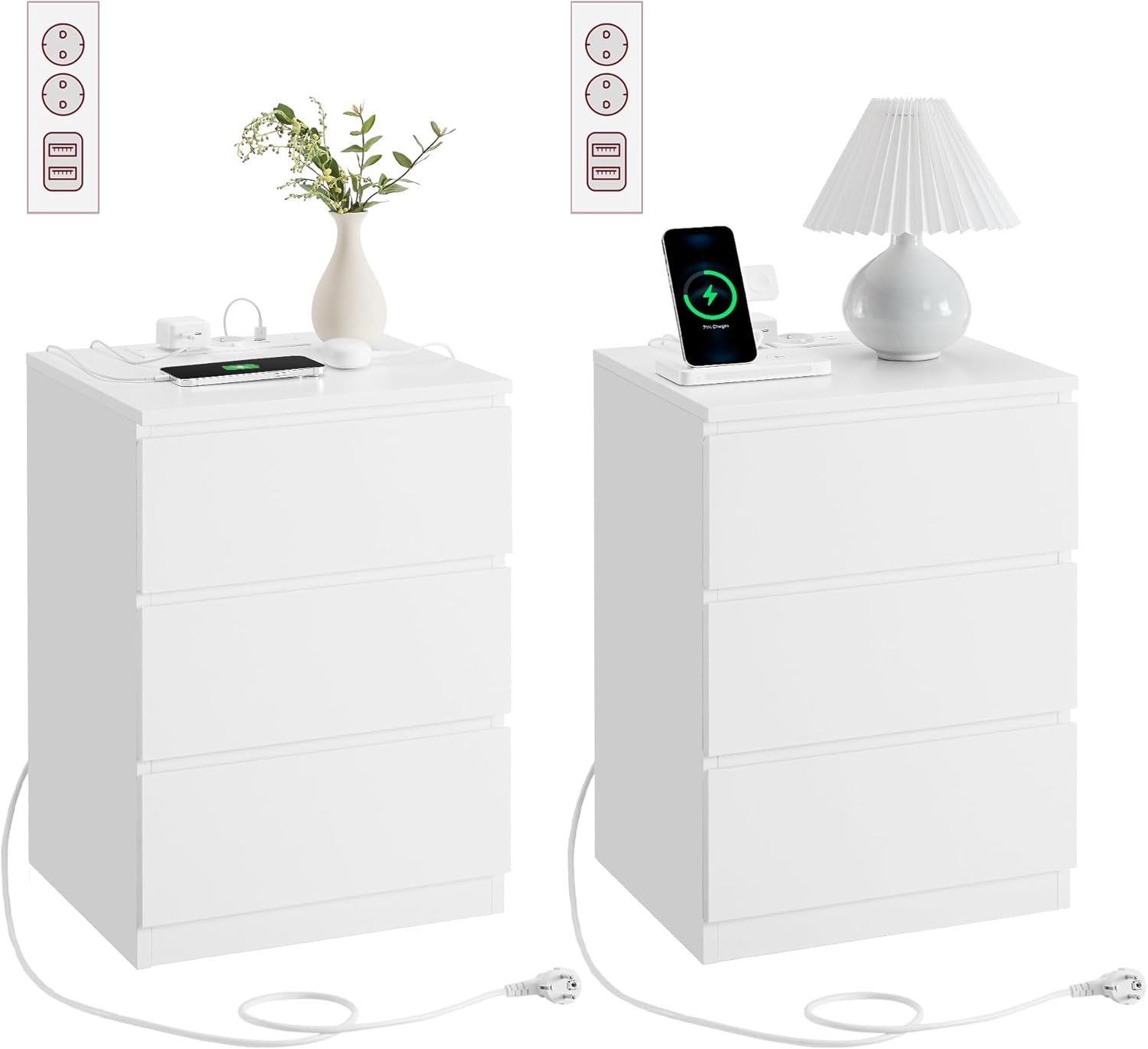 Nachttisch Set mit Steckdosen Modern Weiss