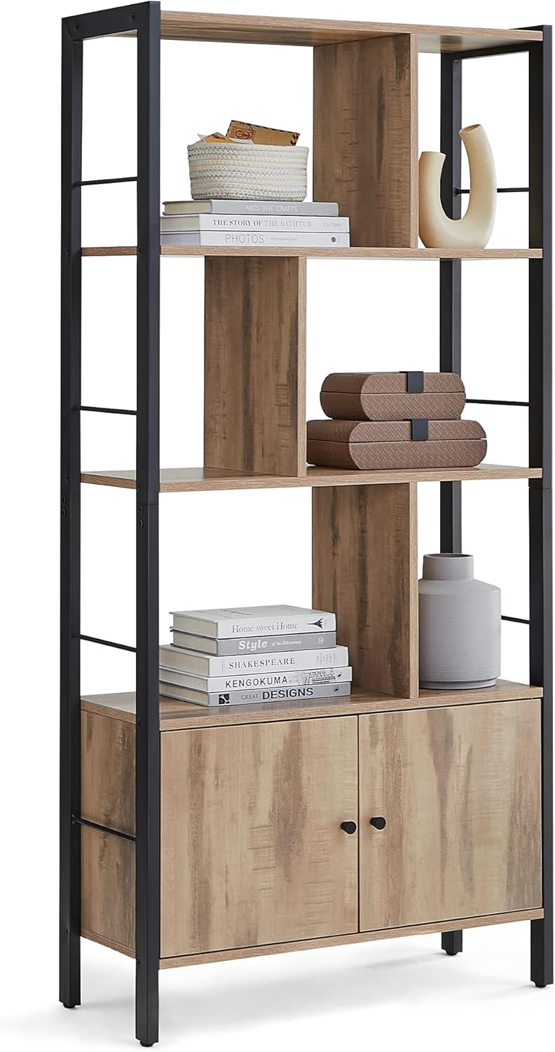 Bücherregal mit Türen Industrie-Design Stahlgestell Kamelbraun