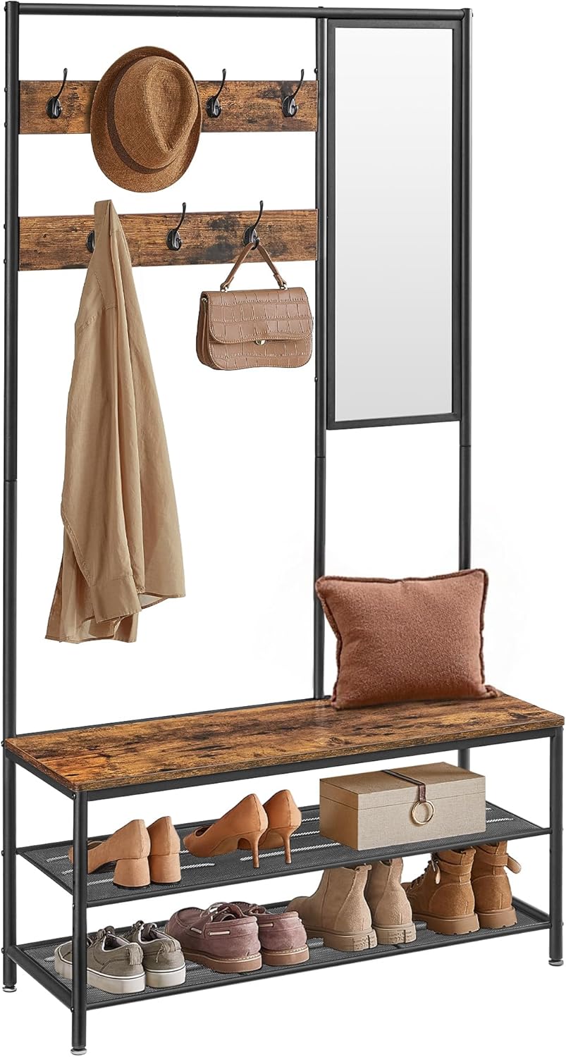 Kleiderständer Garderobe mit Spiegel Sitzbank Vintagebraun