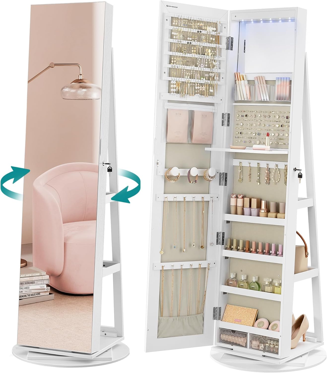 Schmuckschrank drehbar Spiegel weiss beige Holz