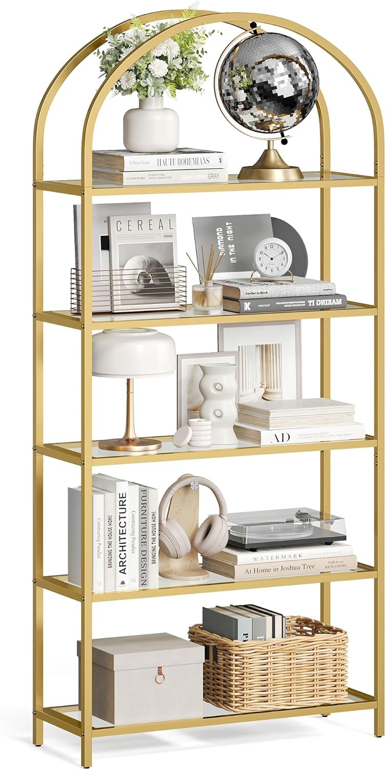 Regal Standregal Hartglas Bogenform Metall Goldfarben