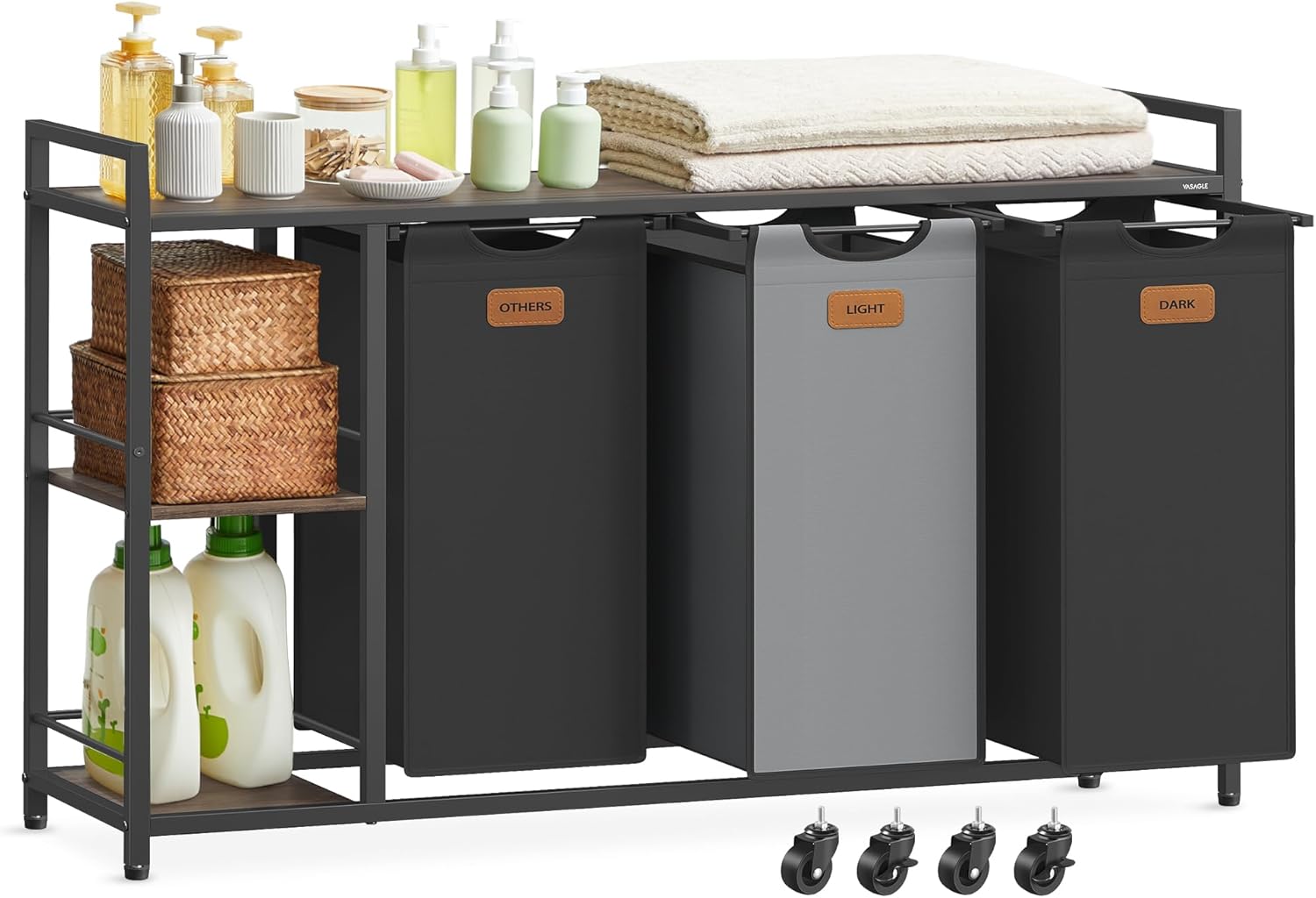 Wäschesortierer rollbar 150L 3-Fächer mehrfarbig