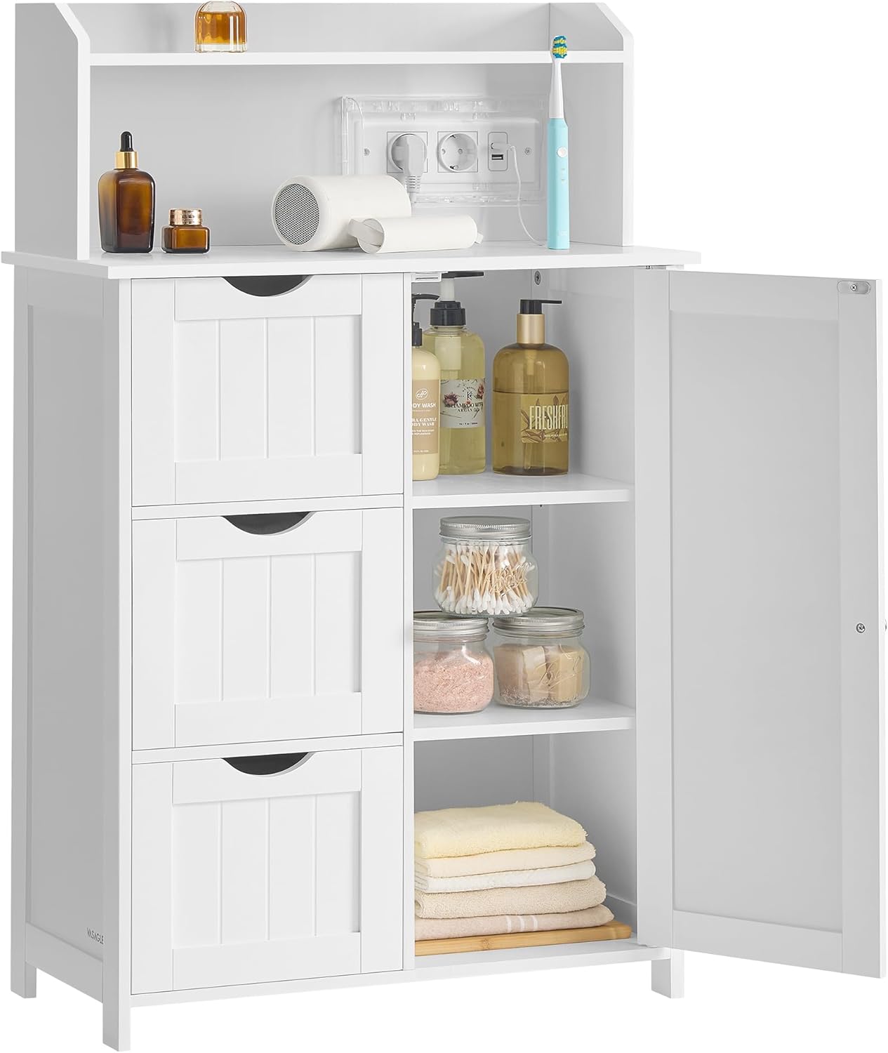 Badezimmerschrank stehend Steckdosenleiste wolkenweiss Holz