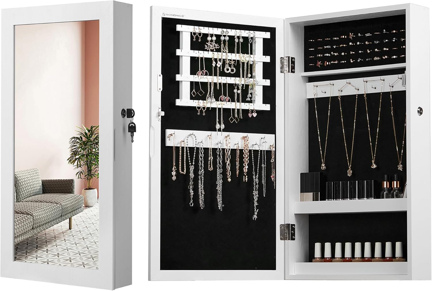 Schmuckschrank Spiegelschrank Hängeschrank abschliessbar Weiss-Schwarz