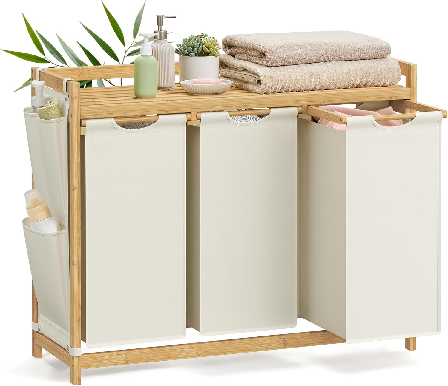 Wäschekorb Bambus 3 Fächer Cremeweiss