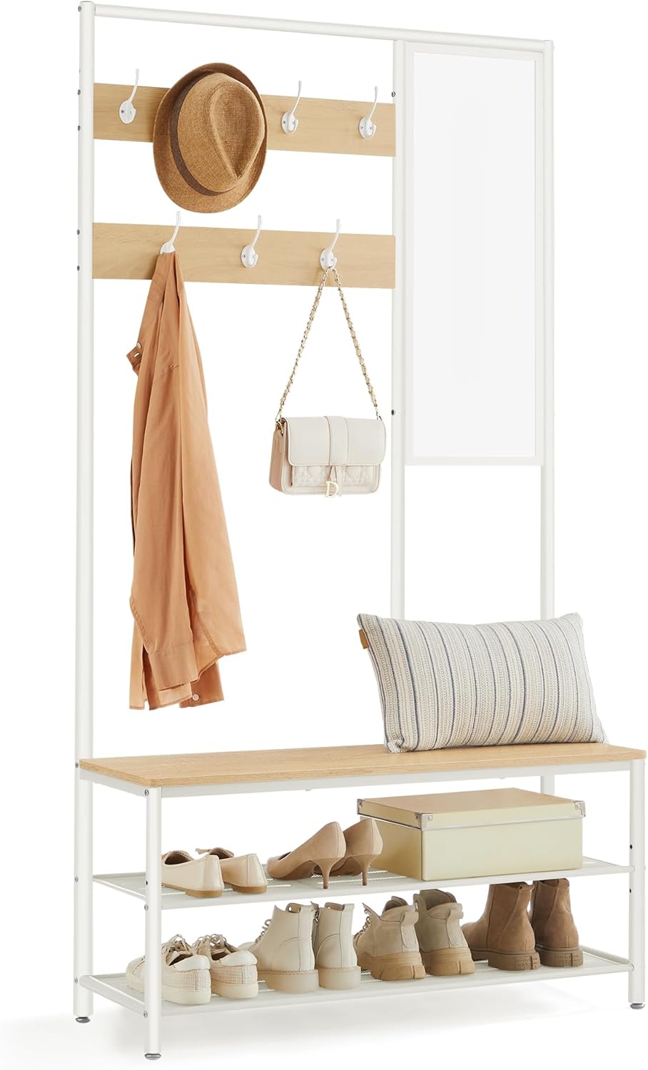 Kleiderständer Garderobe mit Spiegel Sitzbank Eiche Weiss