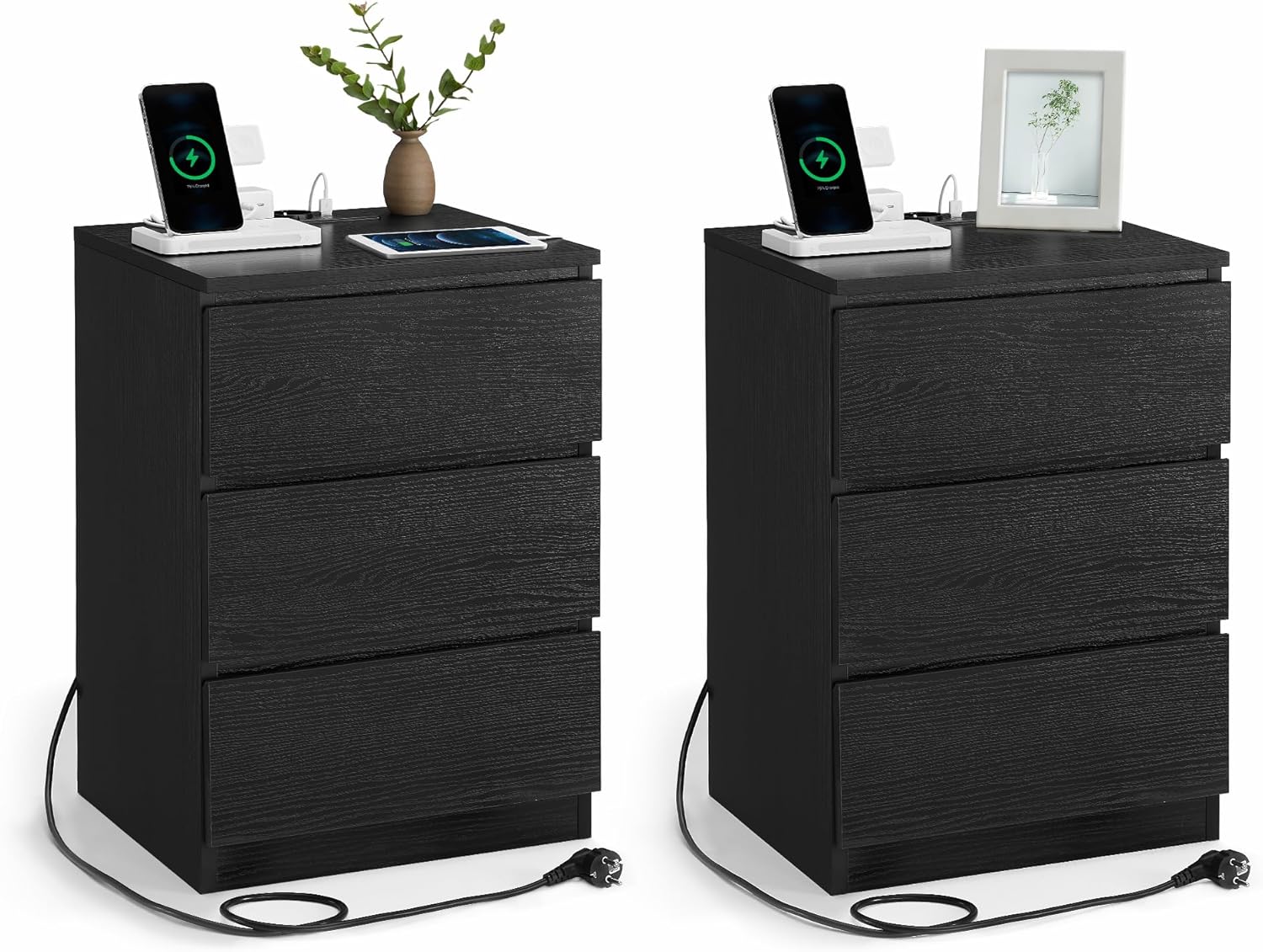 Nachttisch-Set 2 Stück USB Schwarz Holz