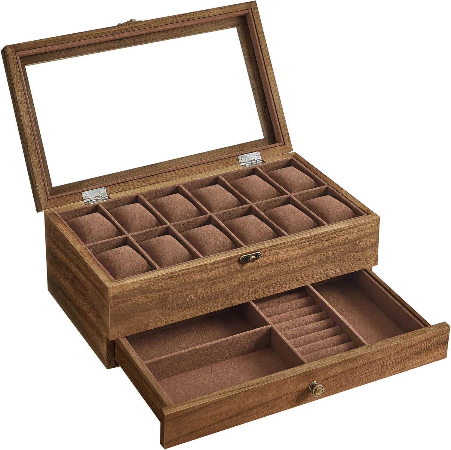 Uhrenbox Massivholz 12 Fächer Walnuss