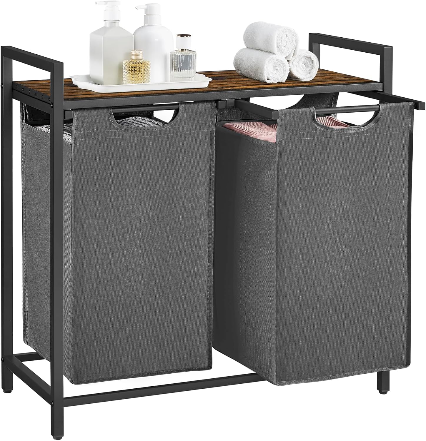 Wäschekorb mit 2 Fächern und Ablage, schiefergrau-vintagebraun