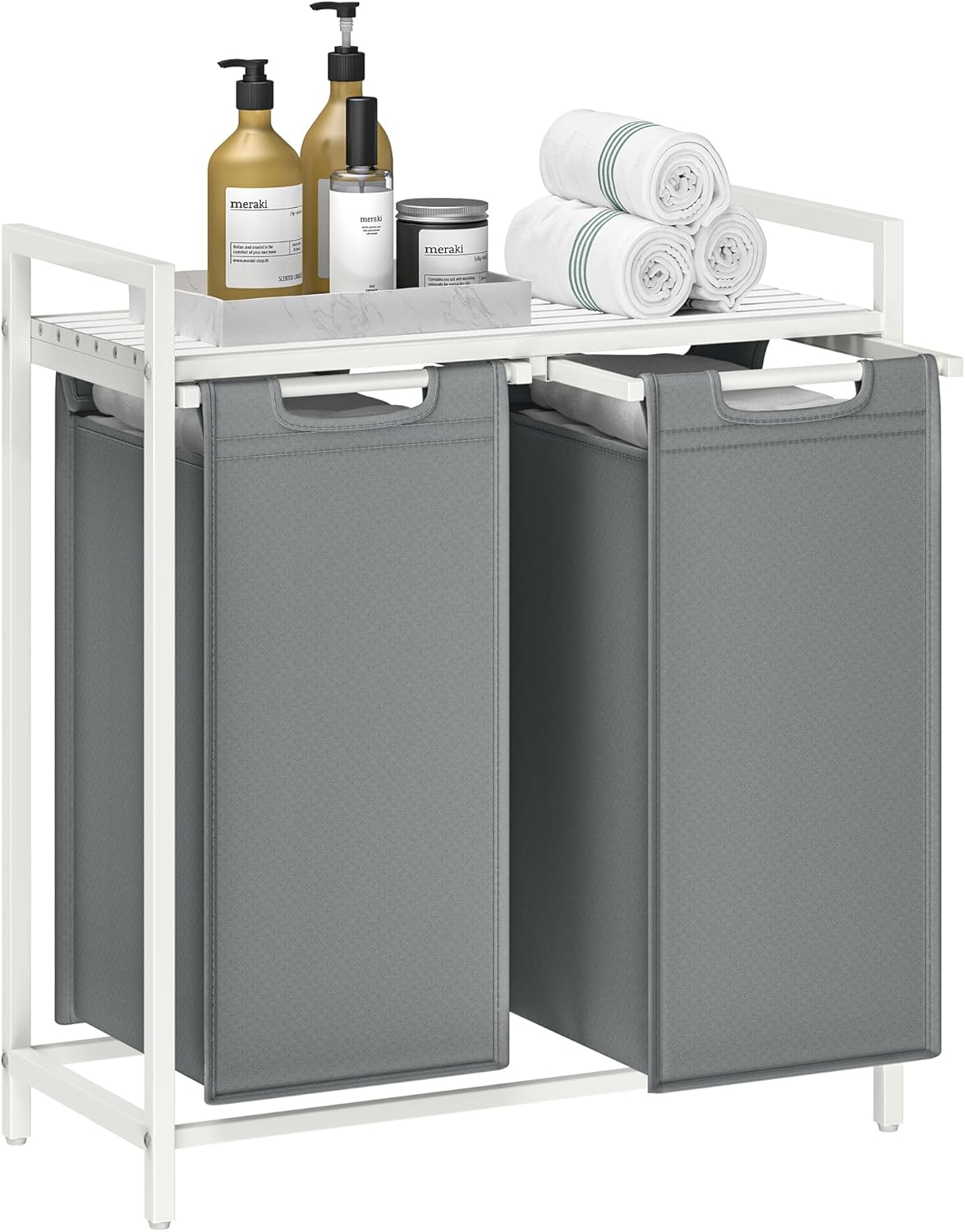 Wäschekorb mit 2 Fächern und Ablage, schiefergrau-mattweiss