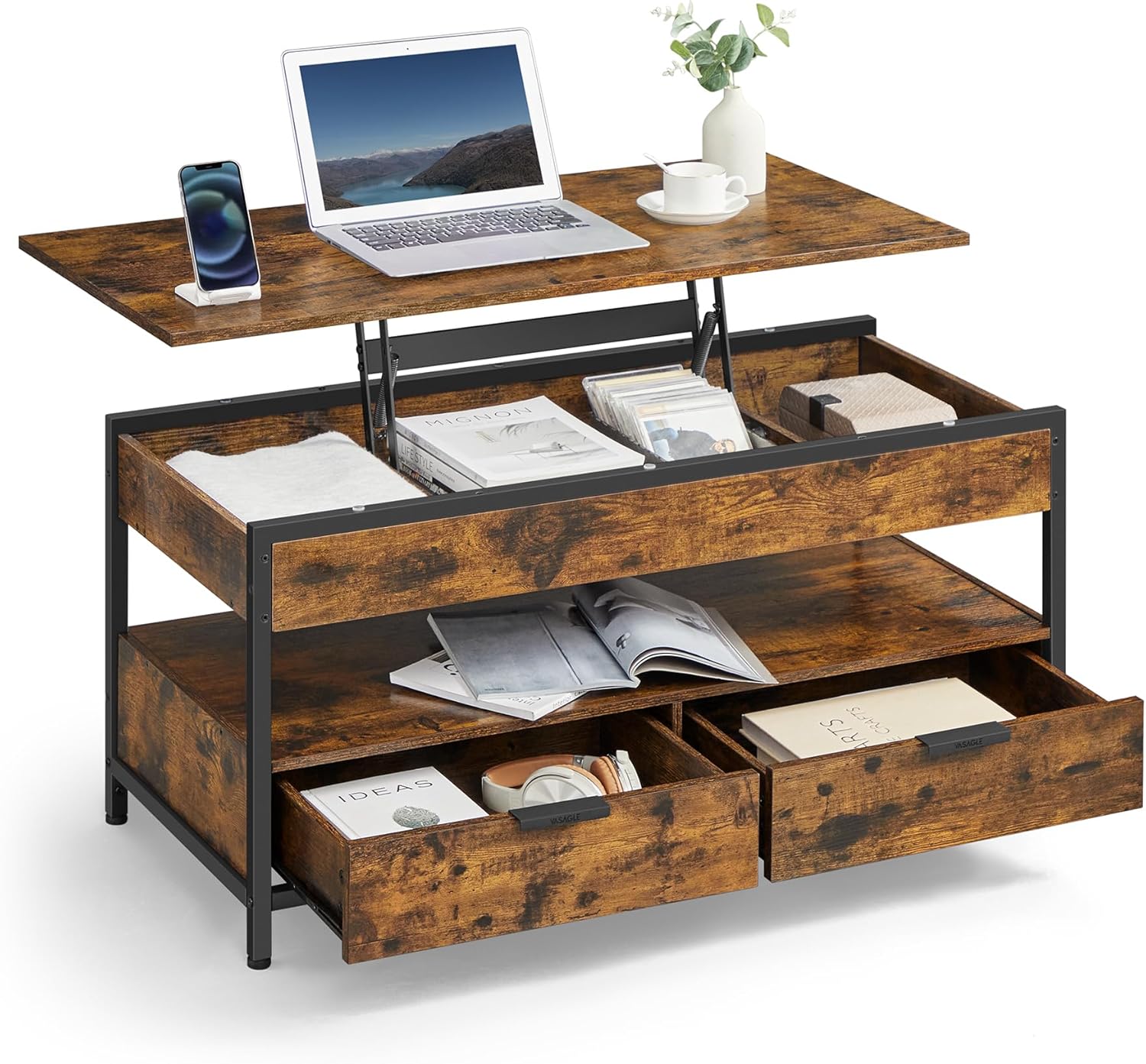Couchtisch Höhenverstellbar Schubladen Vintagebraun Tintenschwarz