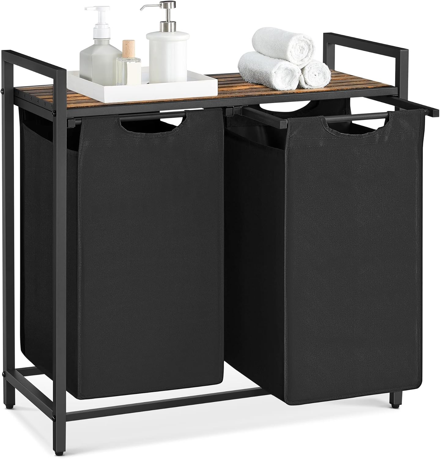 Wäschekorb mit 2 Fächern Ablage, tintenschwarz-vintagebraun