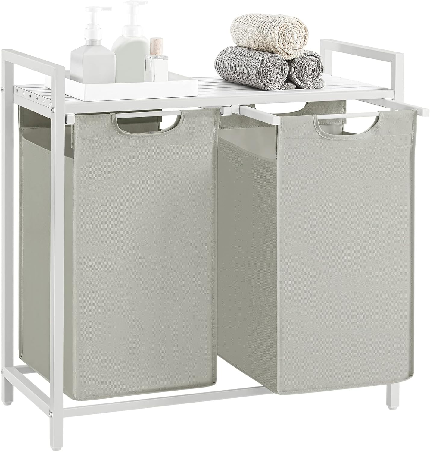 Wäschekorb mit 2 Fächern und Ablage, cremeweiss-mattweiss