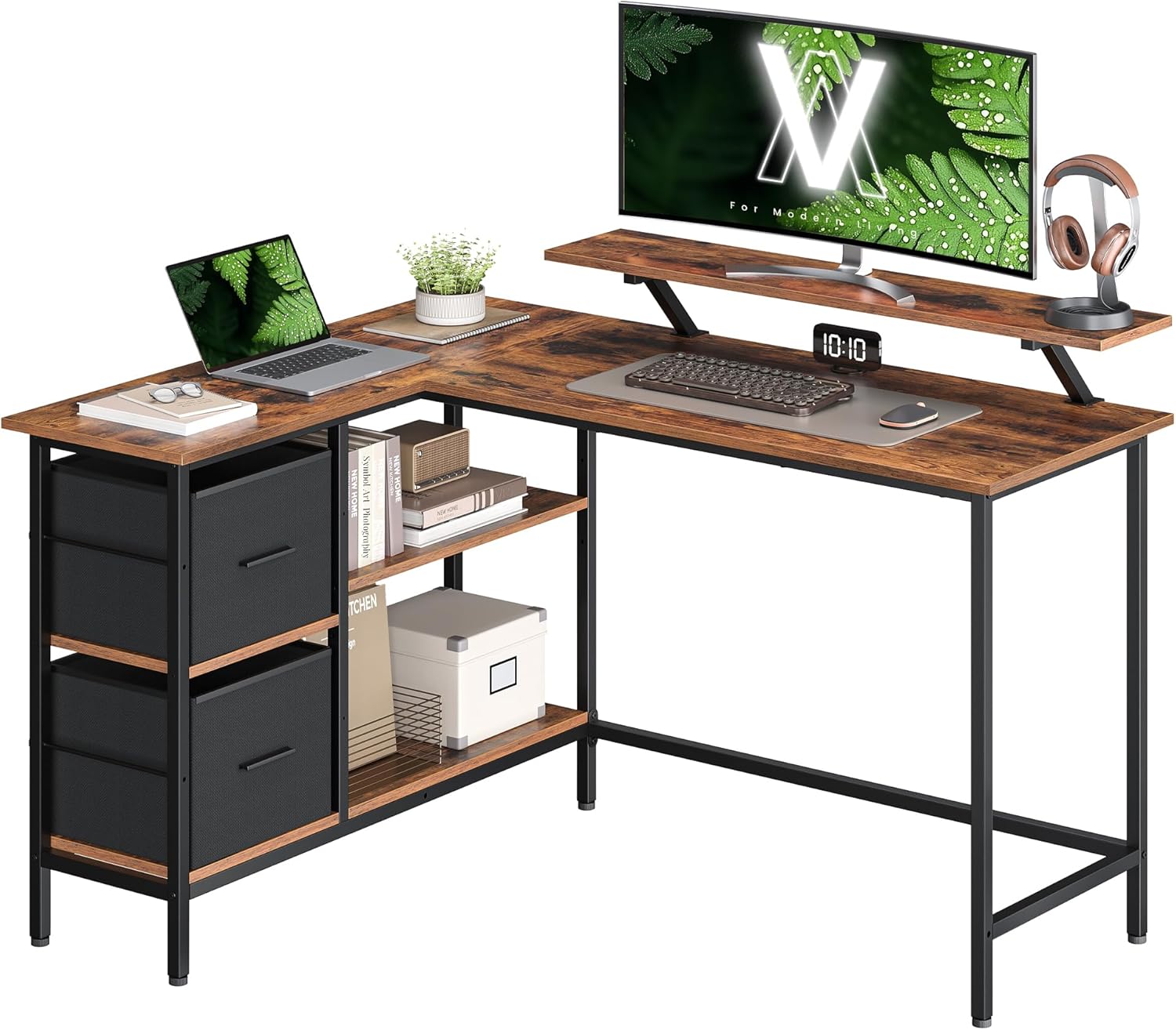 Schreibtisch L-förmig mit Schubladen Vintagebraun