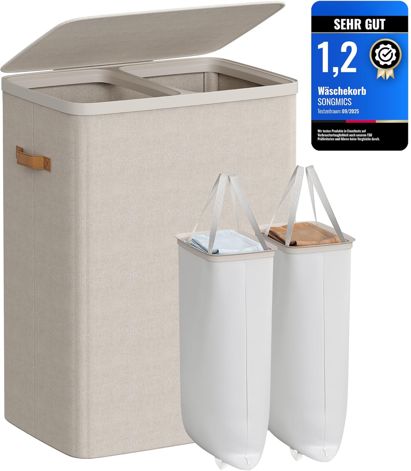 Wäschekorb Gross 170L Zwei Fächer Cappuccinobeige