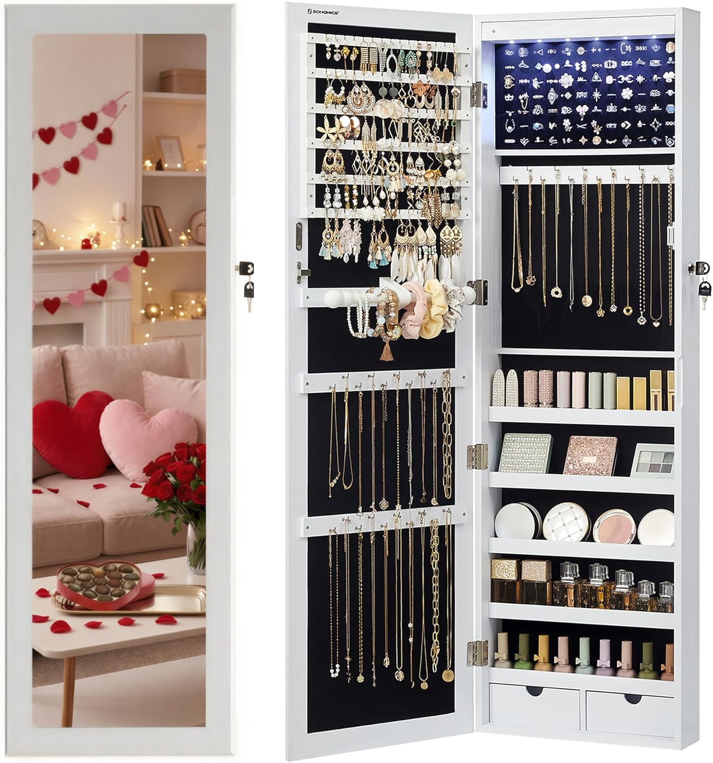 Schmuckschrank hängend LED weiss Holzmaserung