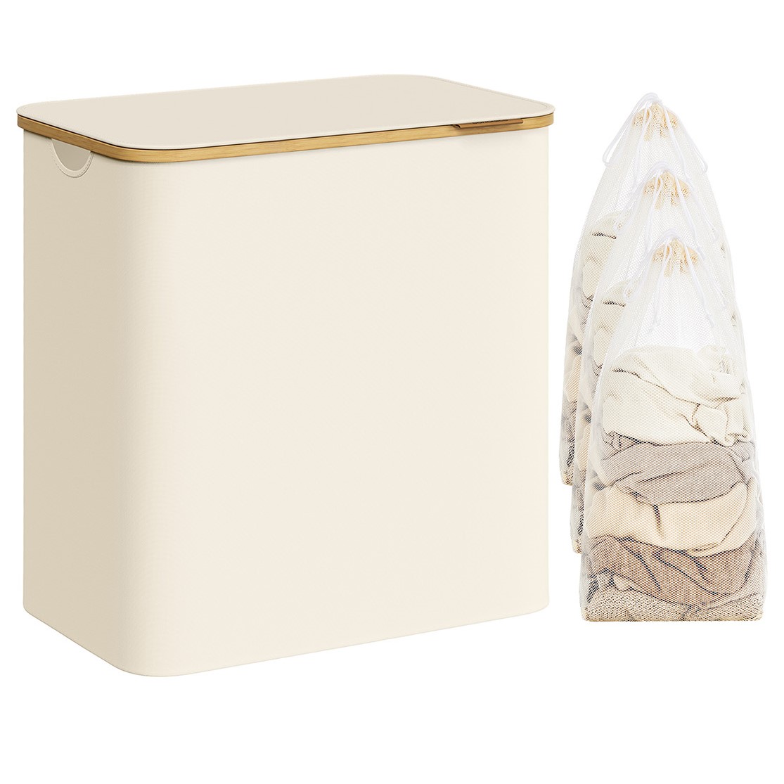 Wäschekorb mit Deckel 3 Fächer Cremeweiss